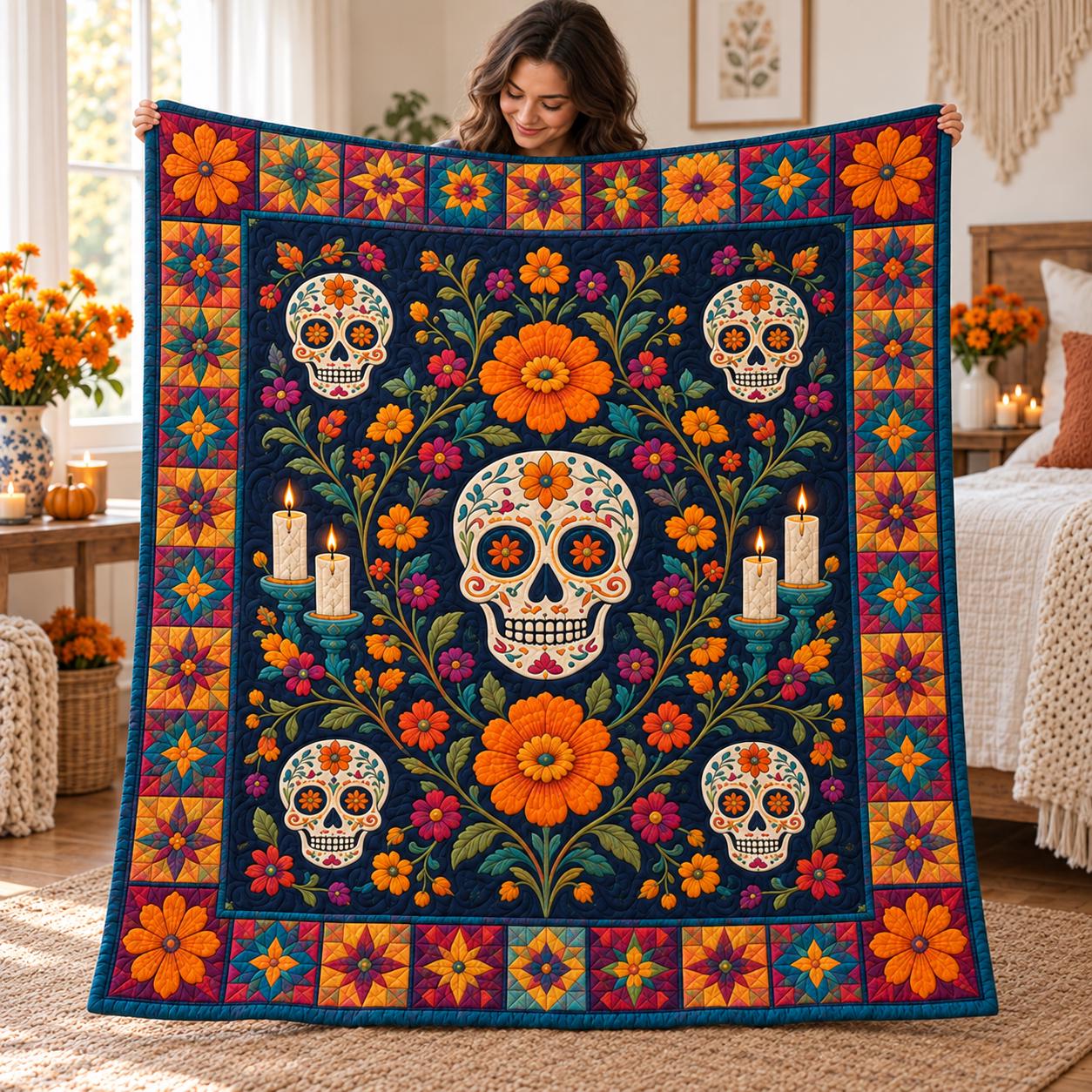 Blanket with Mexican Style and Sugar Skull for Fiesta Home Decor with Floral Quilt Bedding and Day of Dead Throw Gift - photo 6