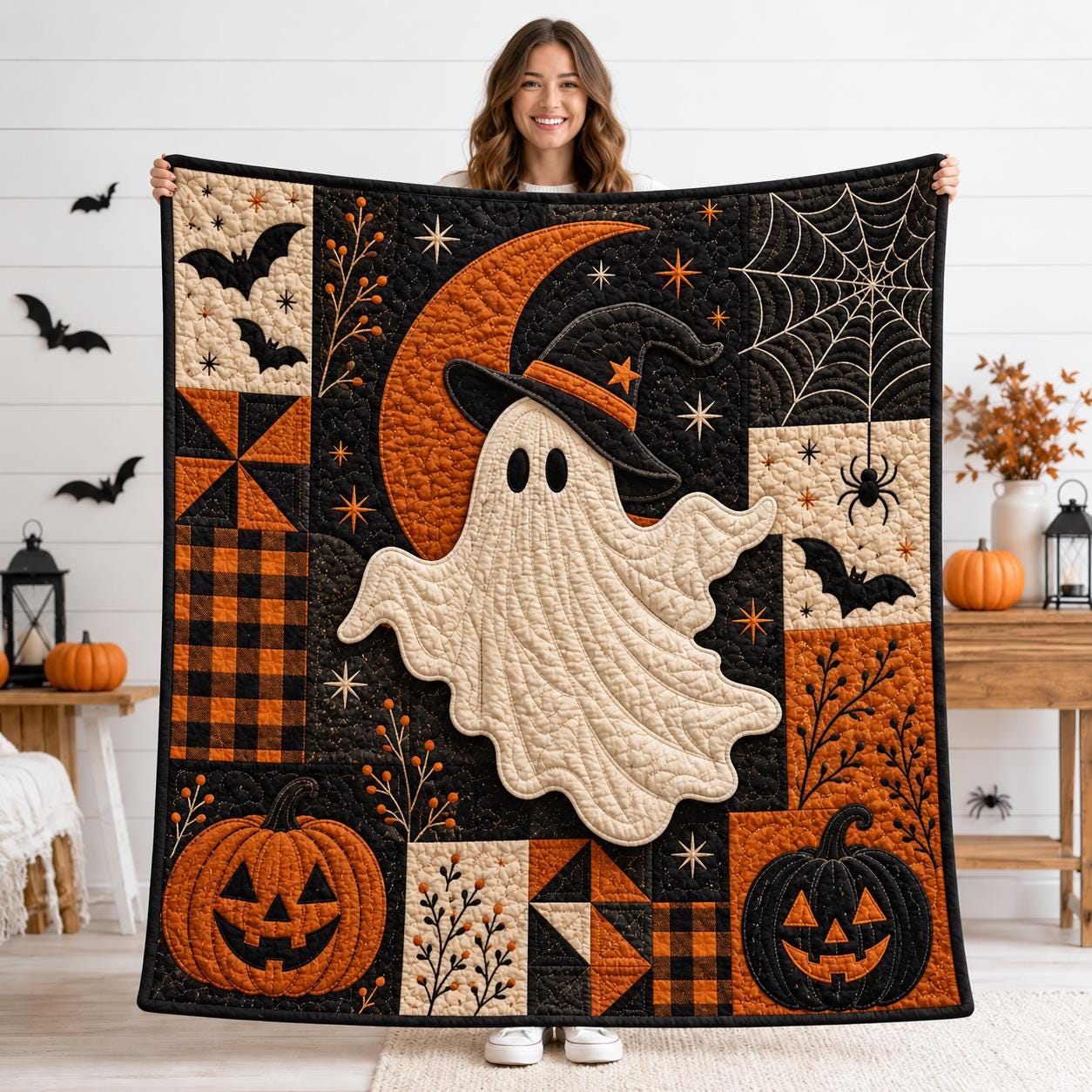 Ghost Halloween Blanket – Cute Spooky Patchwork Throw Witch Hat Quilt Style Pumpkin Fall Bedding Decor