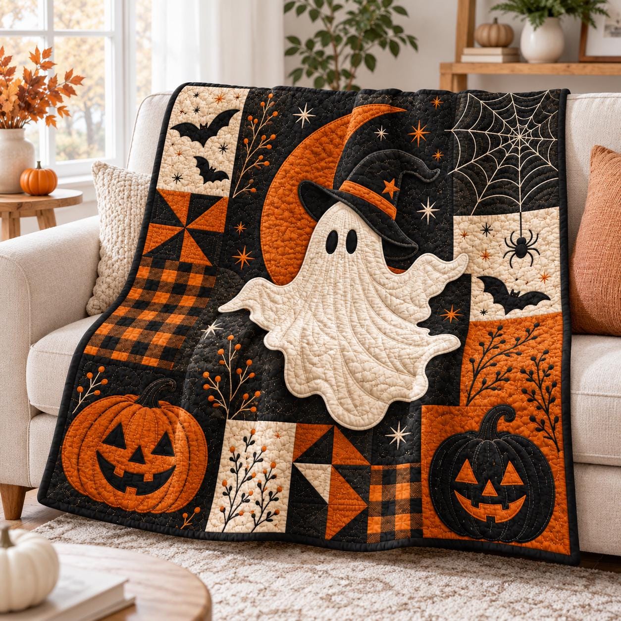 Ghost Halloween Blanket – Cute Spooky Patchwork Throw Witch Hat Quilt Style Pumpkin Fall Bedding Decor - photo 2