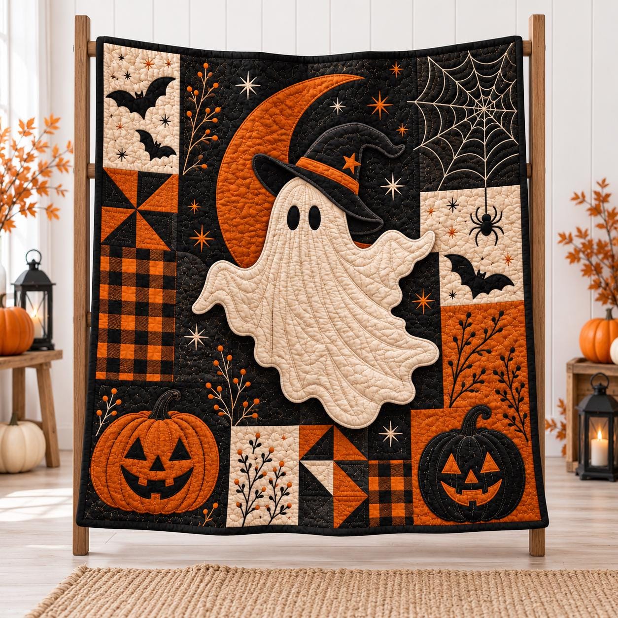 Ghost Halloween Blanket – Cute Spooky Patchwork Throw Witch Hat Quilt Style Pumpkin Fall Bedding Decor - photo 3