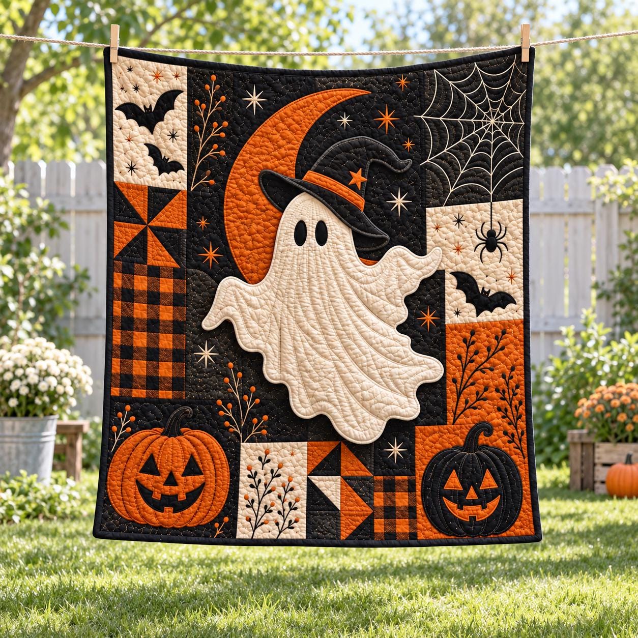 Ghost Halloween Blanket – Cute Spooky Patchwork Throw Witch Hat Quilt Style Pumpkin Fall Bedding Decor - photo 6