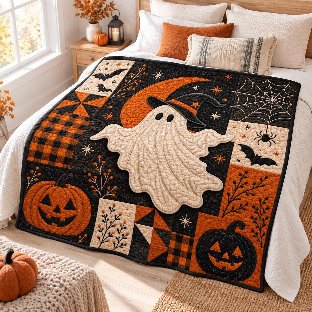 Ghost Halloween Blanket – Cute Spooky Patchwork Throw Witch Hat Quilt Style Pumpkin Fall Bedding Decor - photo 7