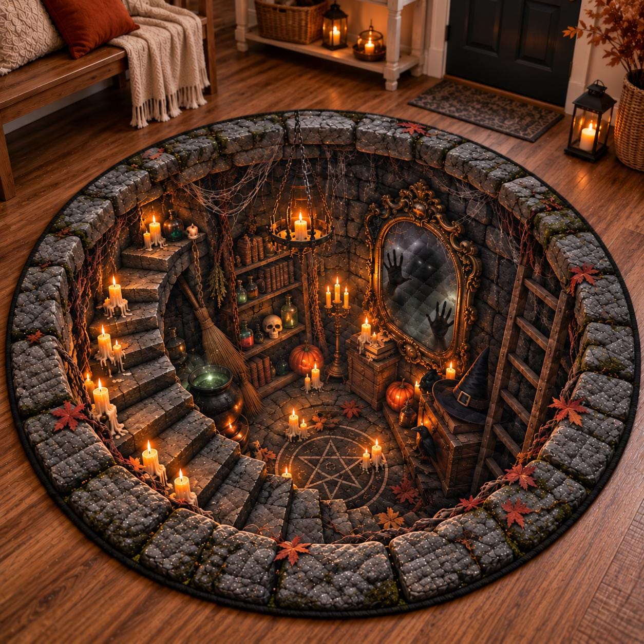 Haunted Castle Halloween Round Rug with 3D Illusion Gothic Courtyard Floor Mat – Quilted Style Ghost Rug for Spooky Witchy Home Decor