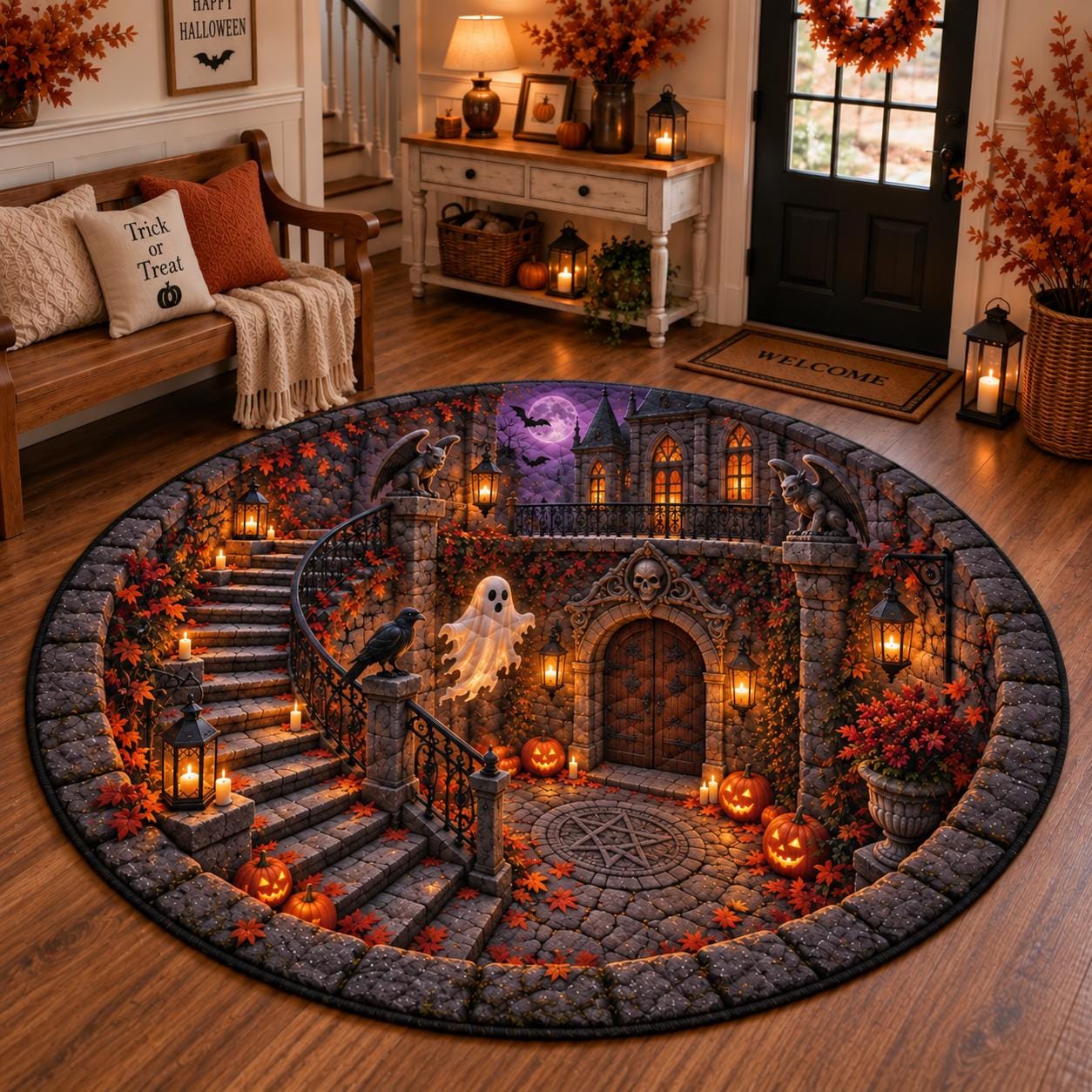 Haunted Castle Halloween Round Rug with 3D Illusion Gothic Courtyard Floor Mat – Quilted Style Ghost Rug for Spooky Witchy Home Decor - photo 2