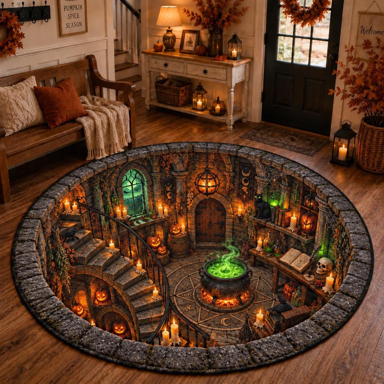 Haunted Castle Halloween Round Rug with 3D Illusion Gothic Courtyard Floor Mat – Quilted Style Ghost Rug for Spooky Witchy Home Decor - photo 3
