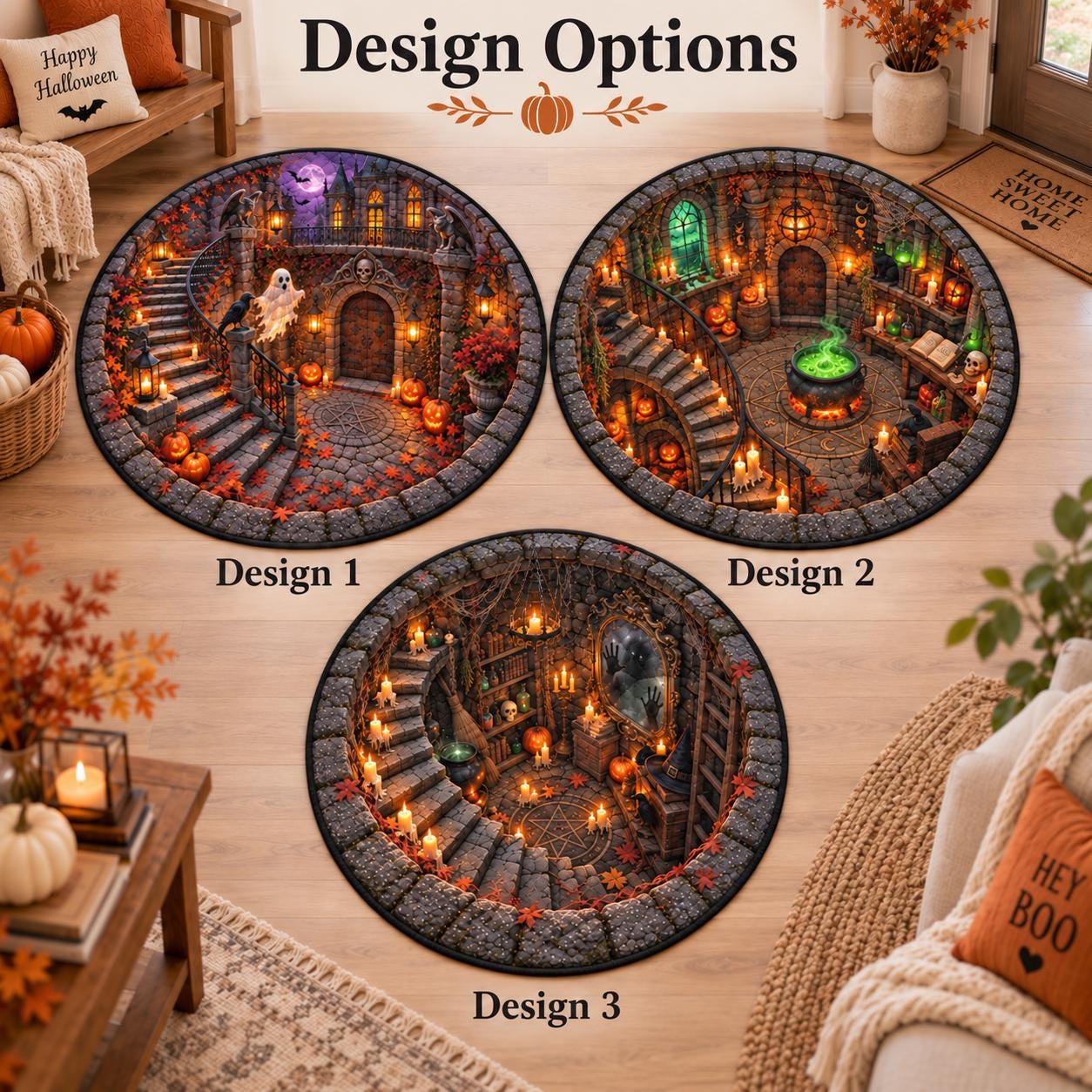 Haunted Castle Halloween Round Rug with 3D Illusion Gothic Courtyard Floor Mat – Quilted Style Ghost Rug for Spooky Witchy Home Decor - photo 4