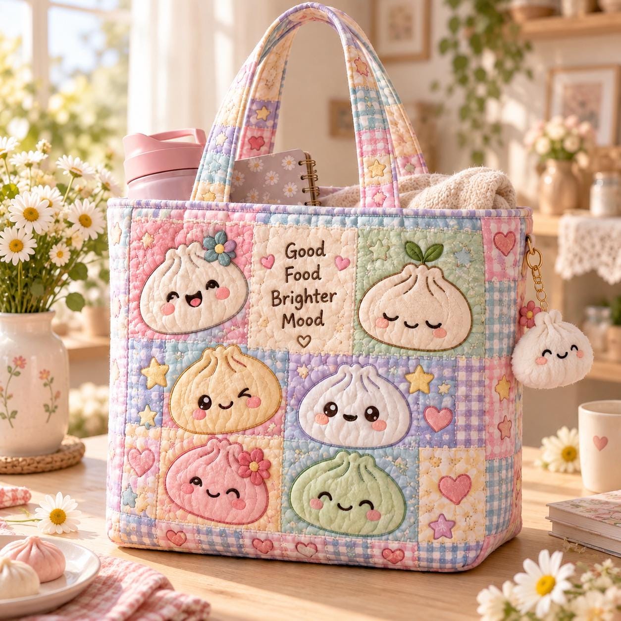 Kawaii Dumpling Tote Bag and Pastel Patchwork Cute Food Bag – Colorful Squishy Shoulder Tote with Quilted Style Foodie Gift