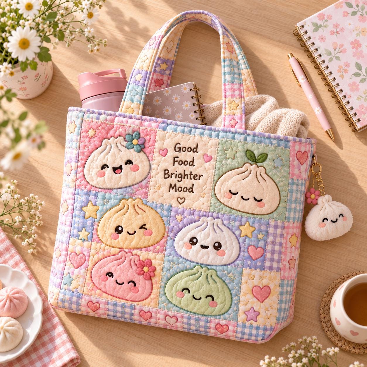 Kawaii Dumpling Tote Bag and Pastel Patchwork Cute Food Bag – Colorful Squishy Shoulder Tote with Quilted Style Foodie Gift - photo 2