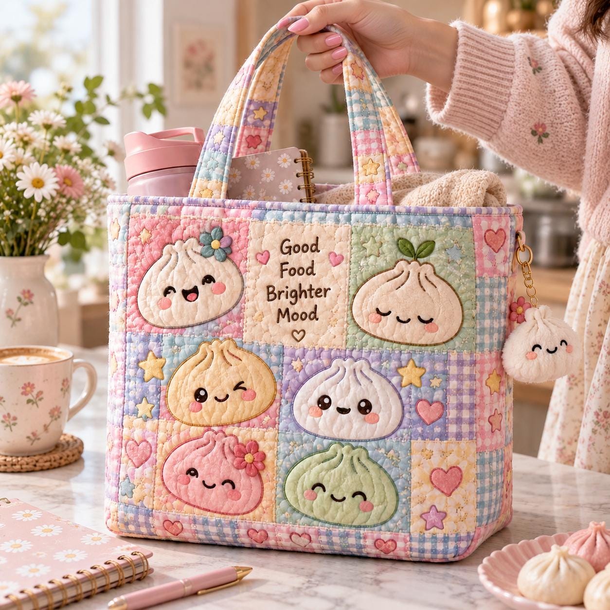 Kawaii Dumpling Tote Bag and Pastel Patchwork Cute Food Bag – Colorful Squishy Shoulder Tote with Quilted Style Foodie Gift - photo 4