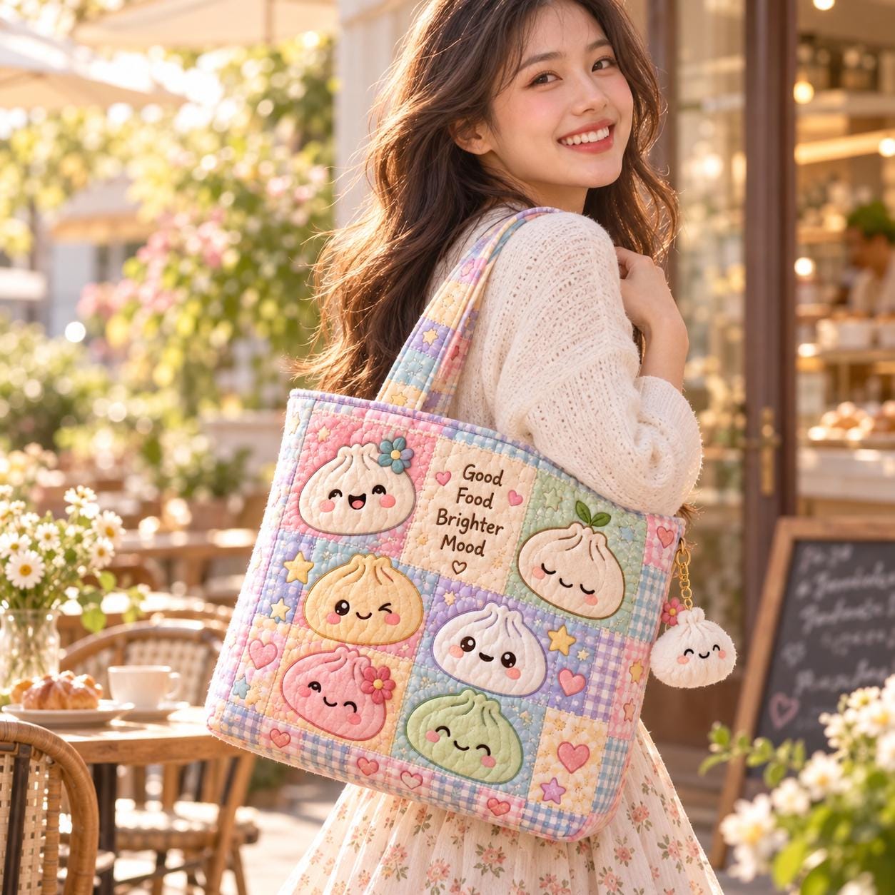 Kawaii Dumpling Tote Bag and Pastel Patchwork Cute Food Bag – Colorful Squishy Shoulder Tote with Quilted Style Foodie Gift - photo 5