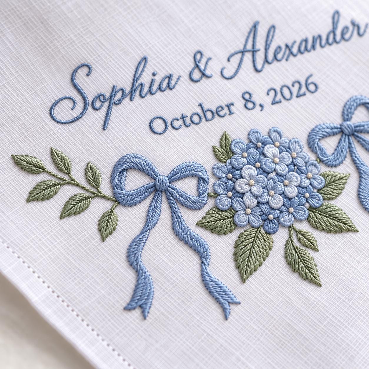 Personalized Embroidered Wedding Handkerchief – Blue Hydrangea Bridal Hanky with Custom Couple Names Date and Something Keepsake