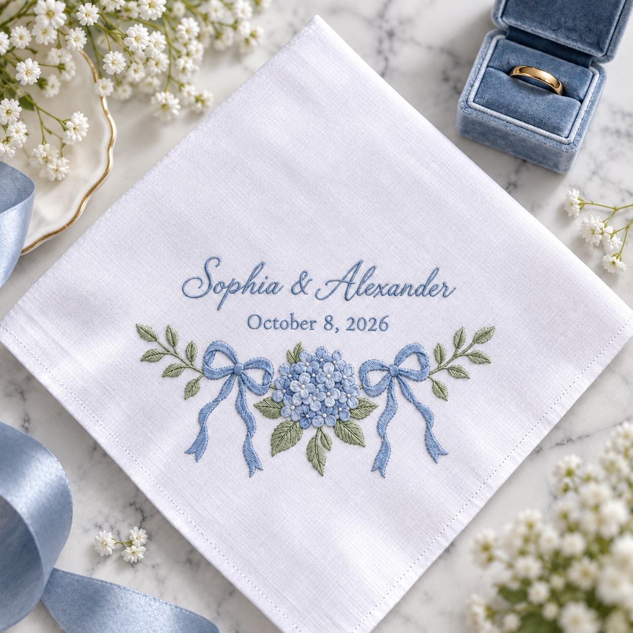 Personalized Embroidered Wedding Handkerchief – Blue Hydrangea Bridal Hanky with Custom Couple Names Date and Something Keepsake - photo 2
