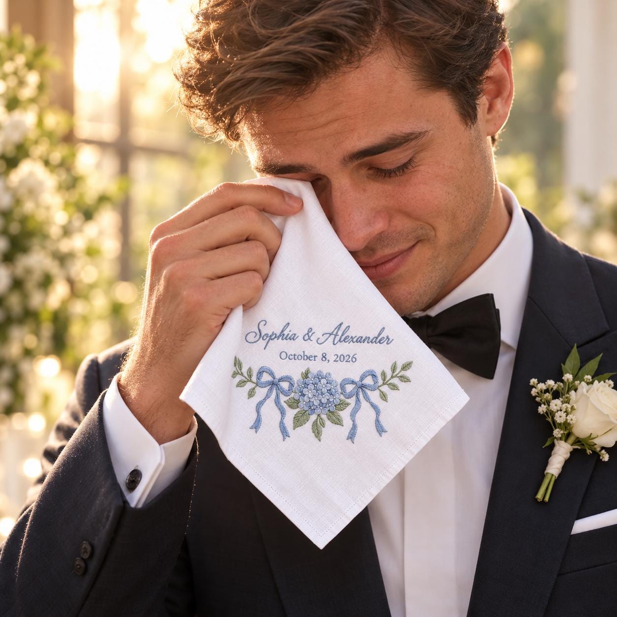 Personalized Embroidered Wedding Handkerchief – Blue Hydrangea Bridal Hanky with Custom Couple Names Date and Something Keepsake - photo 3