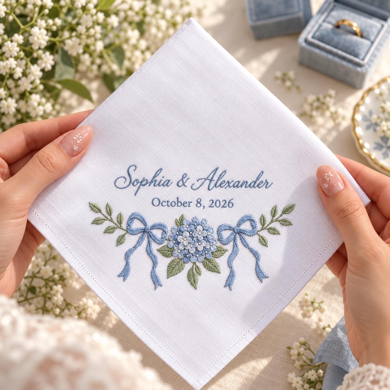 Personalized Embroidered Wedding Handkerchief – Blue Hydrangea Bridal Hanky with Custom Couple Names Date and Something Keepsake - photo 7