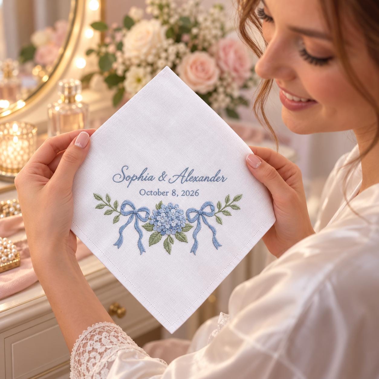 Personalized Embroidered Wedding Handkerchief – Blue Hydrangea Bridal Hanky with Custom Couple Names Date and Something Keepsake - photo 8