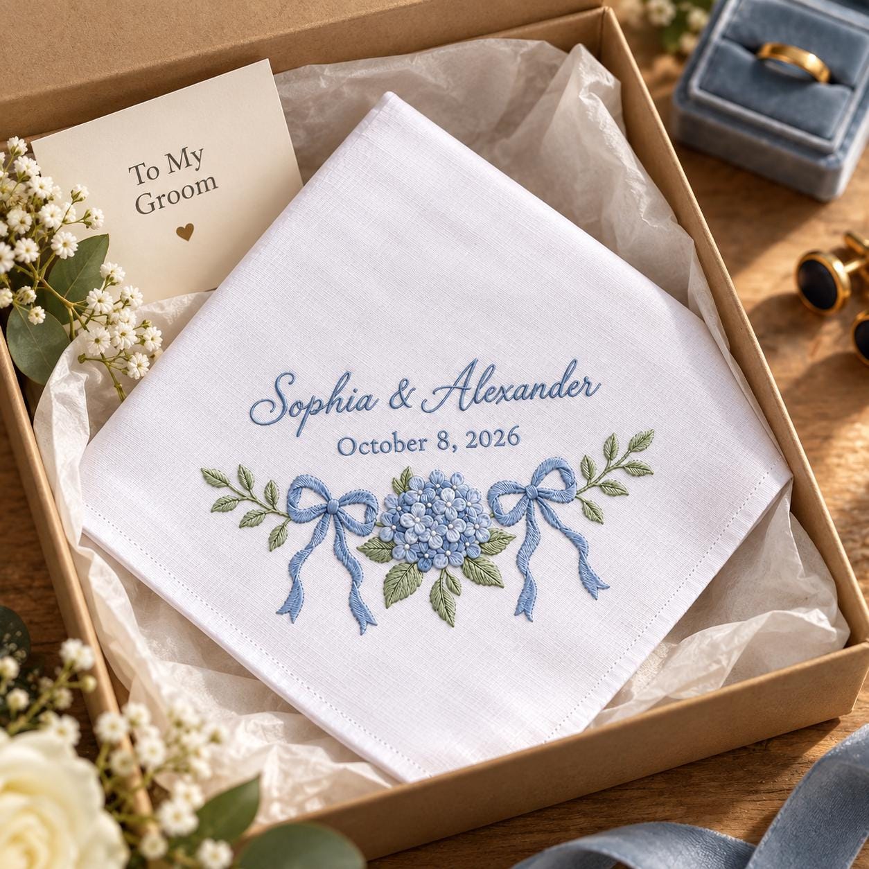Personalized Embroidered Wedding Handkerchief – Blue Hydrangea Bridal Hanky with Custom Couple Names Date and Something Keepsake - photo 9