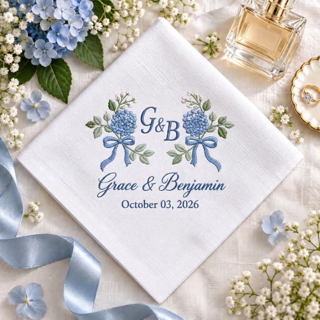Personalized Monogram Wedding Handkerchief – Blue Hydrangea Embroidered Bridal Hanky with Custom Couple Initials Names Date Keepsake