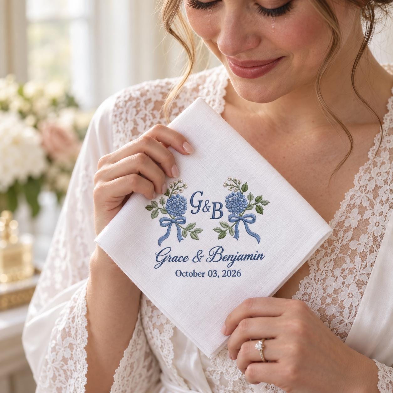 Personalized Monogram Wedding Handkerchief – Blue Hydrangea Embroidered Bridal Hanky with Custom Couple Initials Names Date Keepsake - photo 2