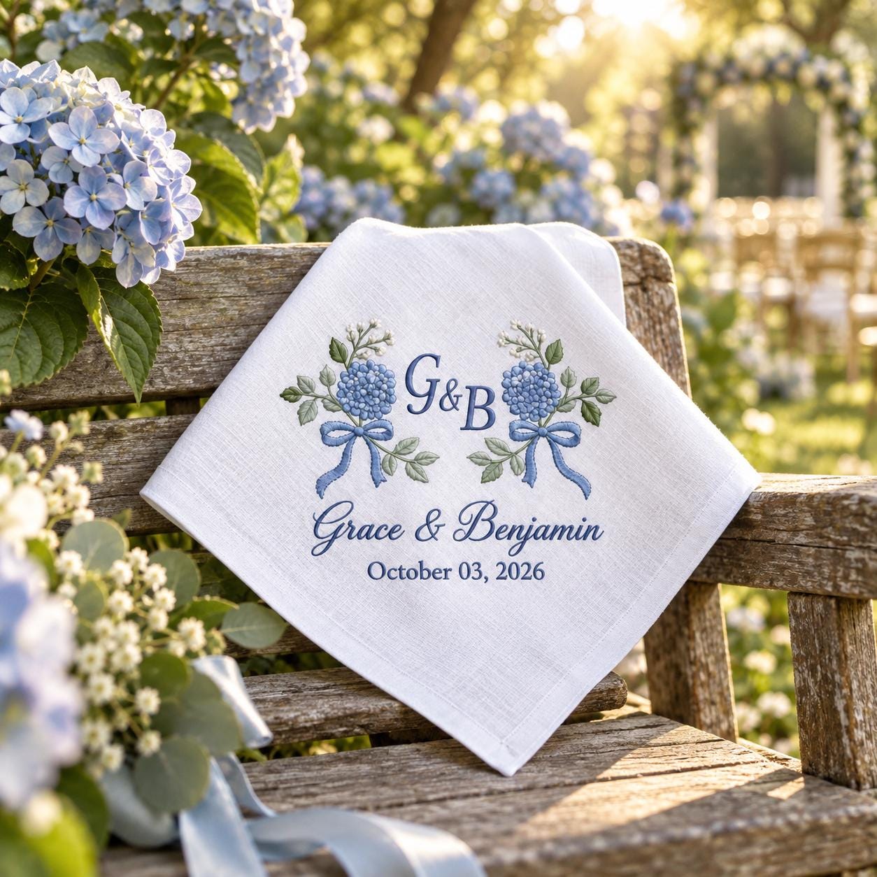 Personalized Monogram Wedding Handkerchief – Blue Hydrangea Embroidered Bridal Hanky with Custom Couple Initials Names Date Keepsake - photo 3