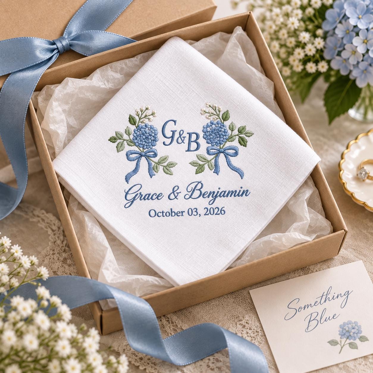 Personalized Monogram Wedding Handkerchief – Blue Hydrangea Embroidered Bridal Hanky with Custom Couple Initials Names Date Keepsake - photo 7