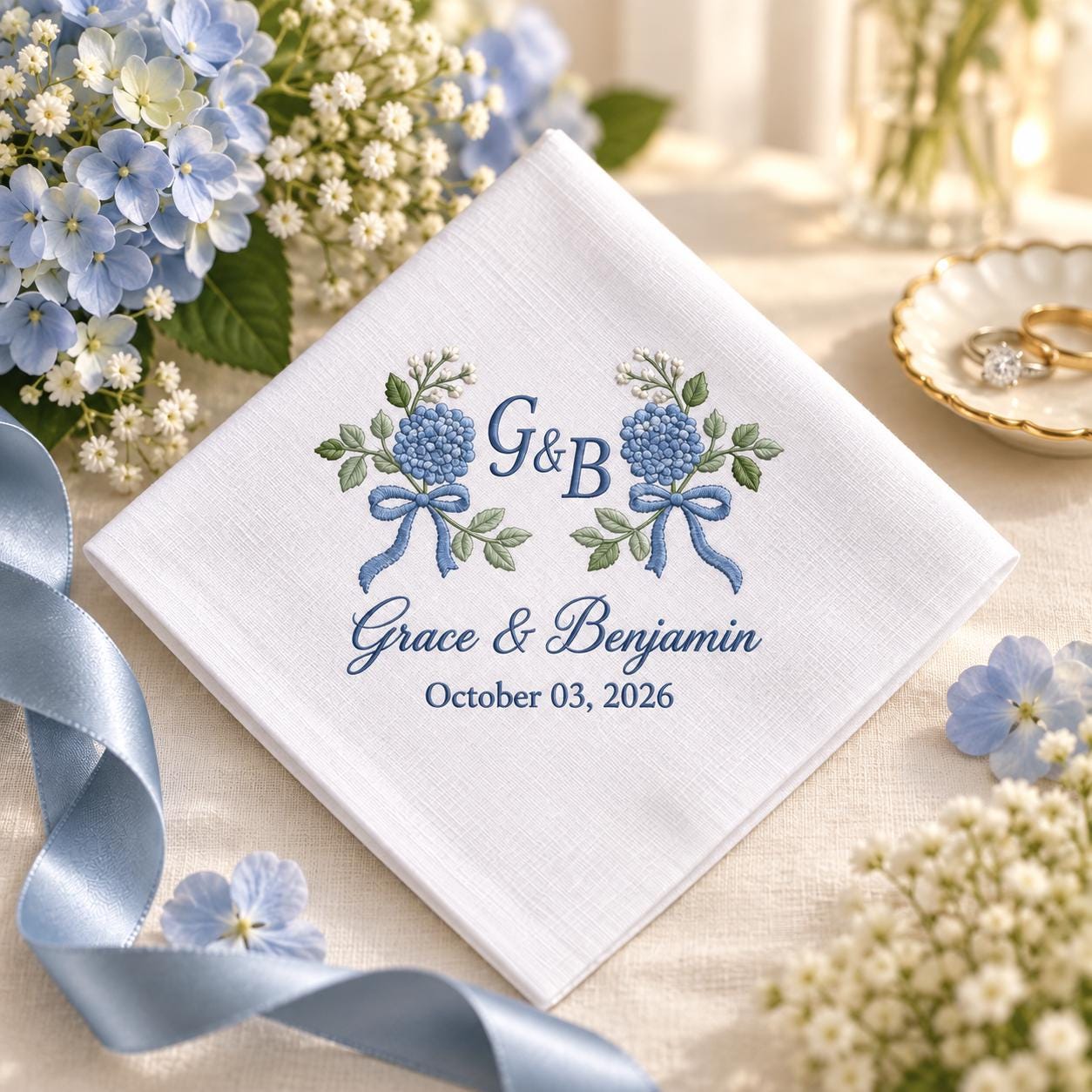 Personalized Monogram Wedding Handkerchief – Blue Hydrangea Embroidered Bridal Hanky with Custom Couple Initials Names Date Keepsake - photo 9