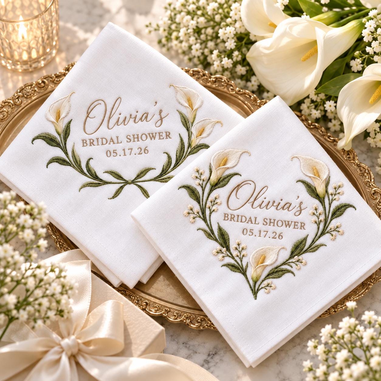 Personalized Bridal Shower Handkerchief – Calla Lily Embroidered Bride Hanky with Custom Name Date and Elegant Keepsake Gift