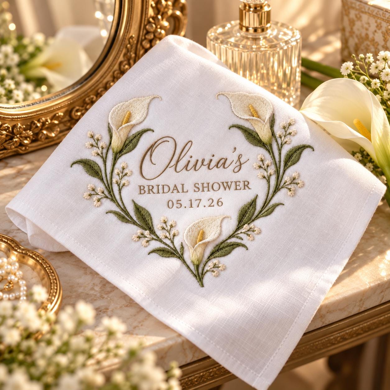 Personalized Bridal Shower Handkerchief – Calla Lily Embroidered Bride Hanky with Custom Name Date and Elegant Keepsake Gift - photo 2