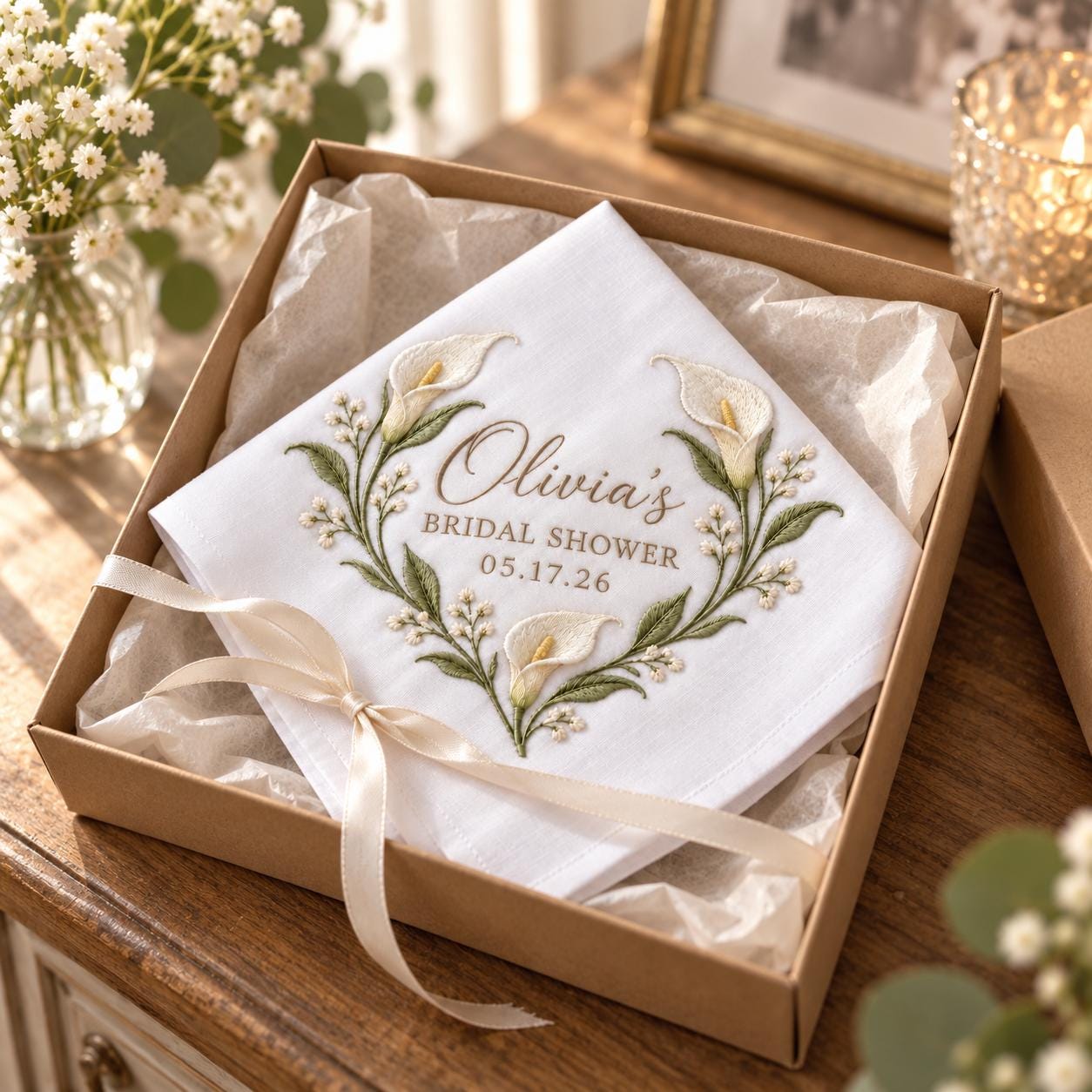 Personalized Bridal Shower Handkerchief – Calla Lily Embroidered Bride Hanky with Custom Name Date and Elegant Keepsake Gift - photo 11