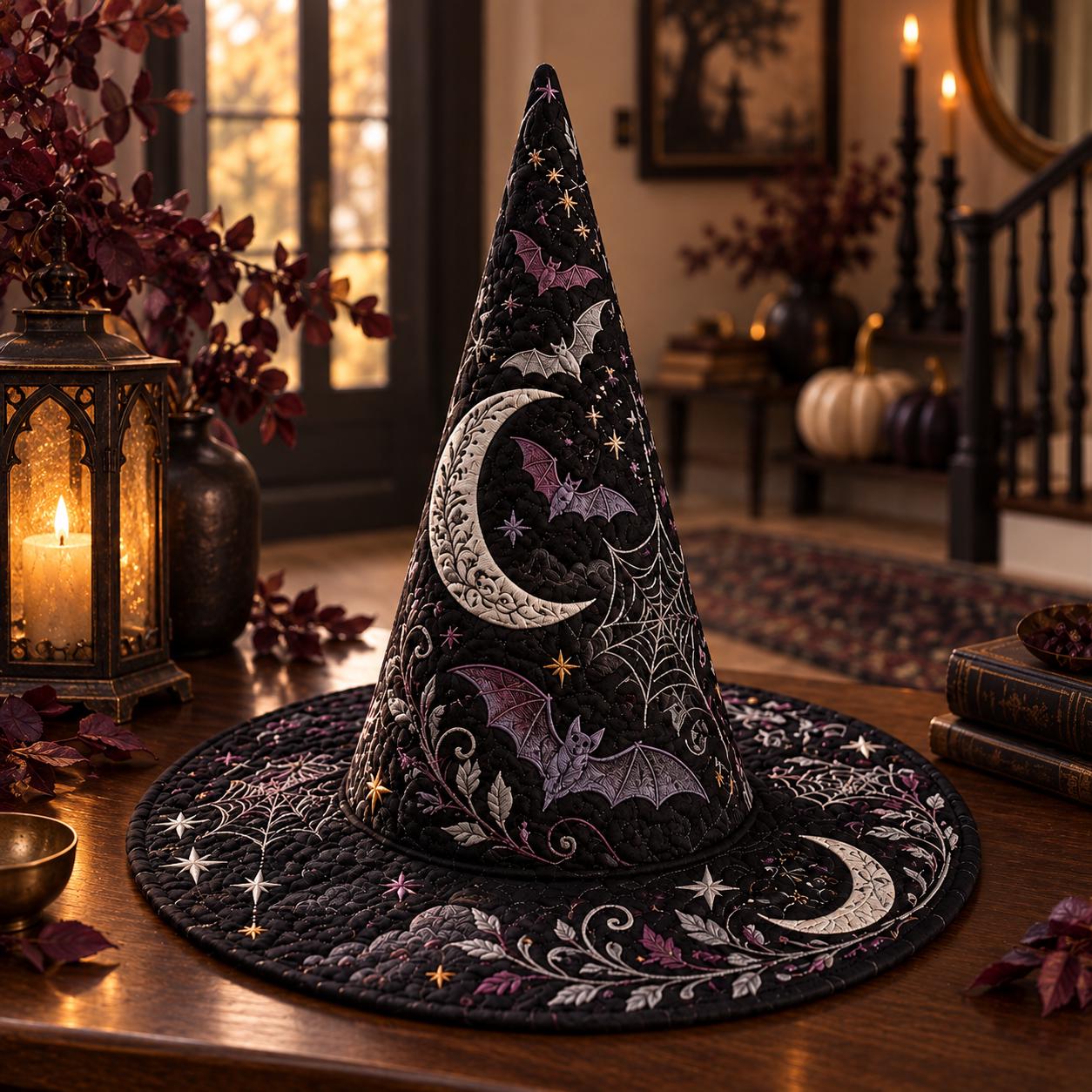 Decor β Witch Hat for Celestial Halloween Table Centerpiece with Quilted Style Gothic Moon Spiderweb and Witchy Shelf