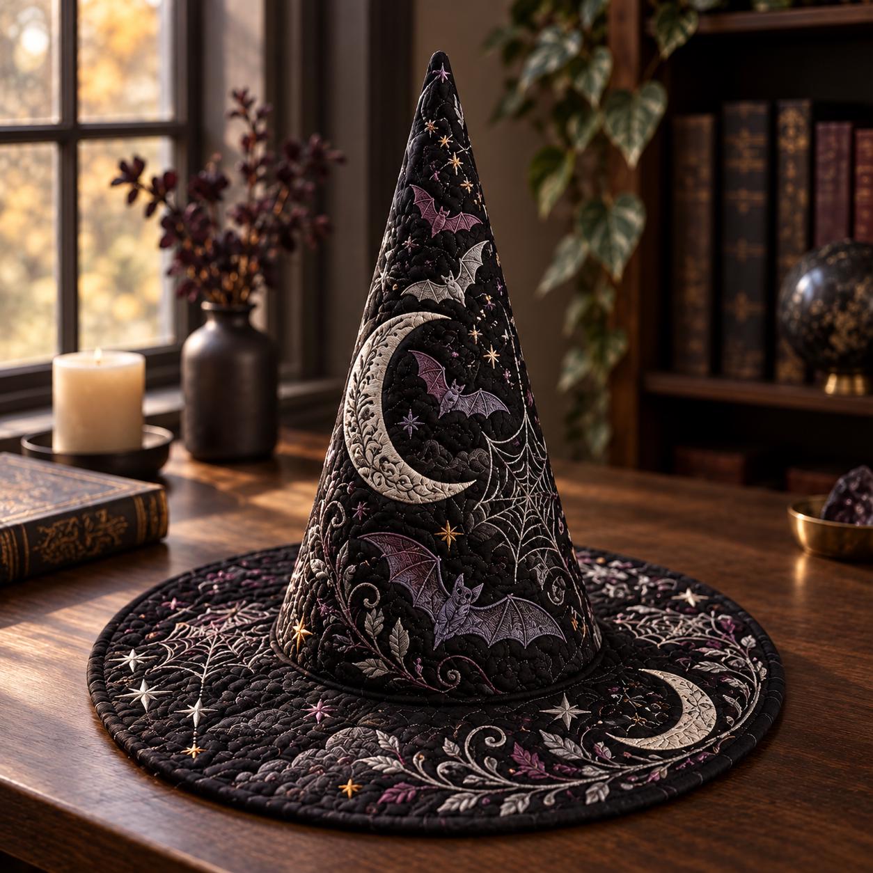 Decor – Witch Hat for Celestial Halloween Table Centerpiece with Quilted Style Gothic Moon Spiderweb and Witchy Shelf - photo 2