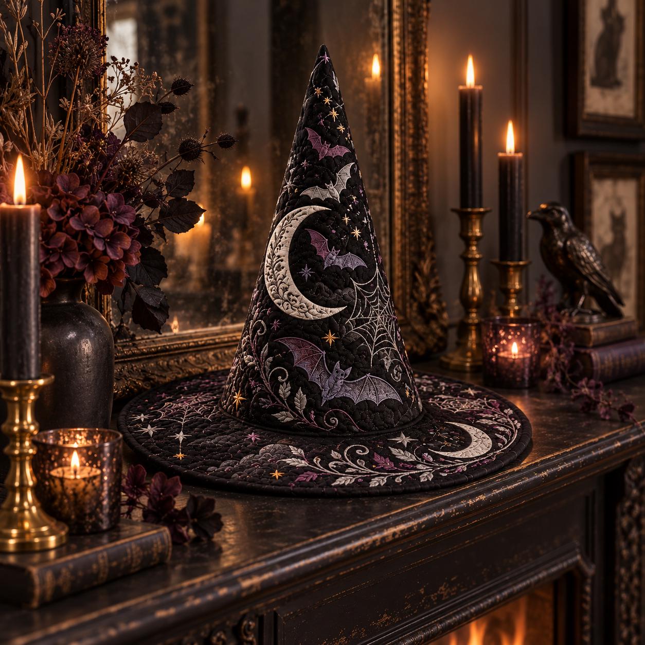 Decor – Witch Hat for Celestial Halloween Table Centerpiece with Quilted Style Gothic Moon Spiderweb and Witchy Shelf - photo 3