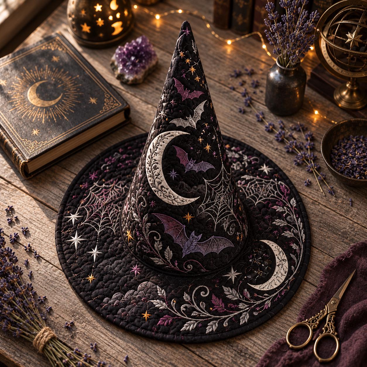 Decor – Witch Hat for Celestial Halloween Table Centerpiece with Quilted Style Gothic Moon Spiderweb and Witchy Shelf - photo 5