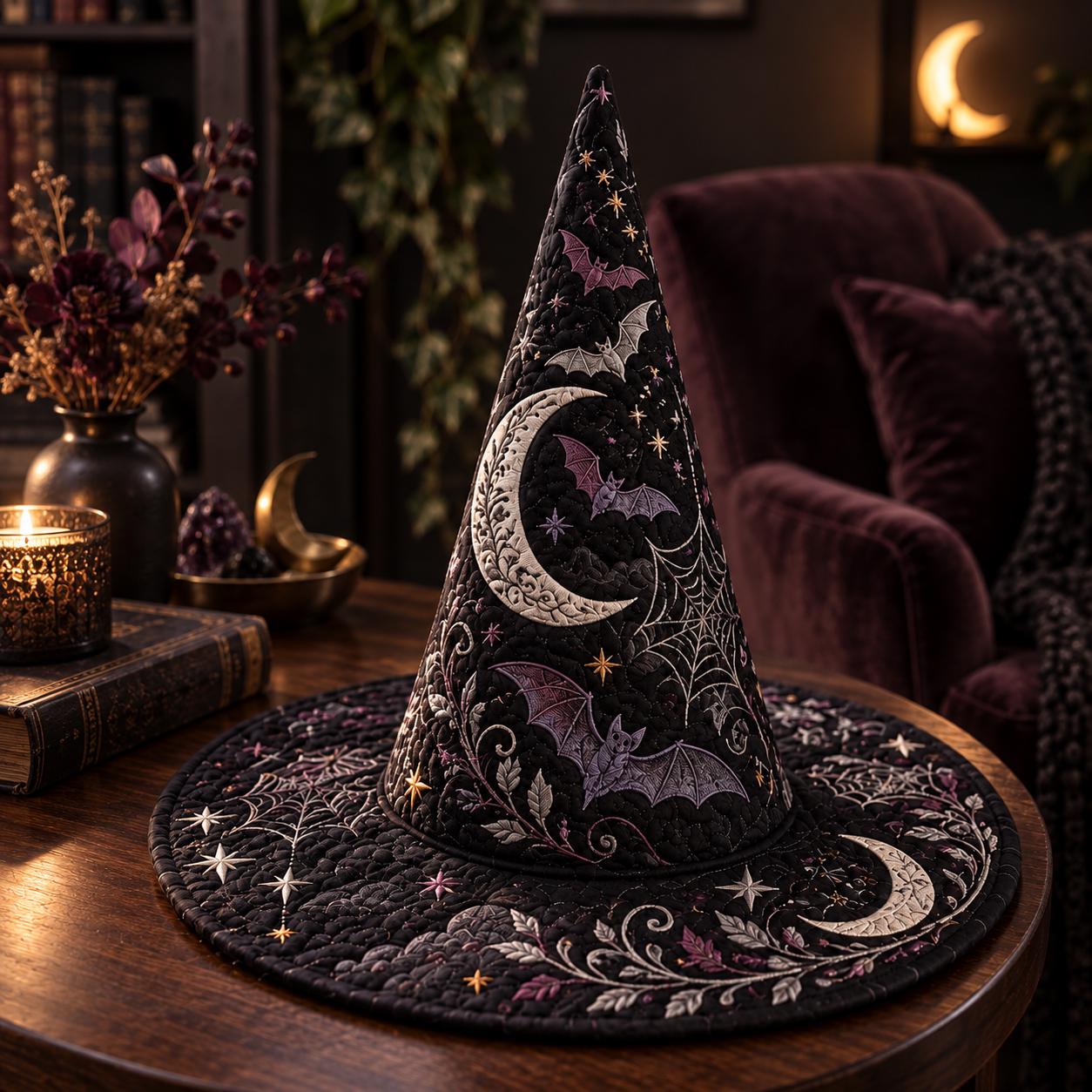Decor – Witch Hat for Celestial Halloween Table Centerpiece with Quilted Style Gothic Moon Spiderweb and Witchy Shelf - photo 6