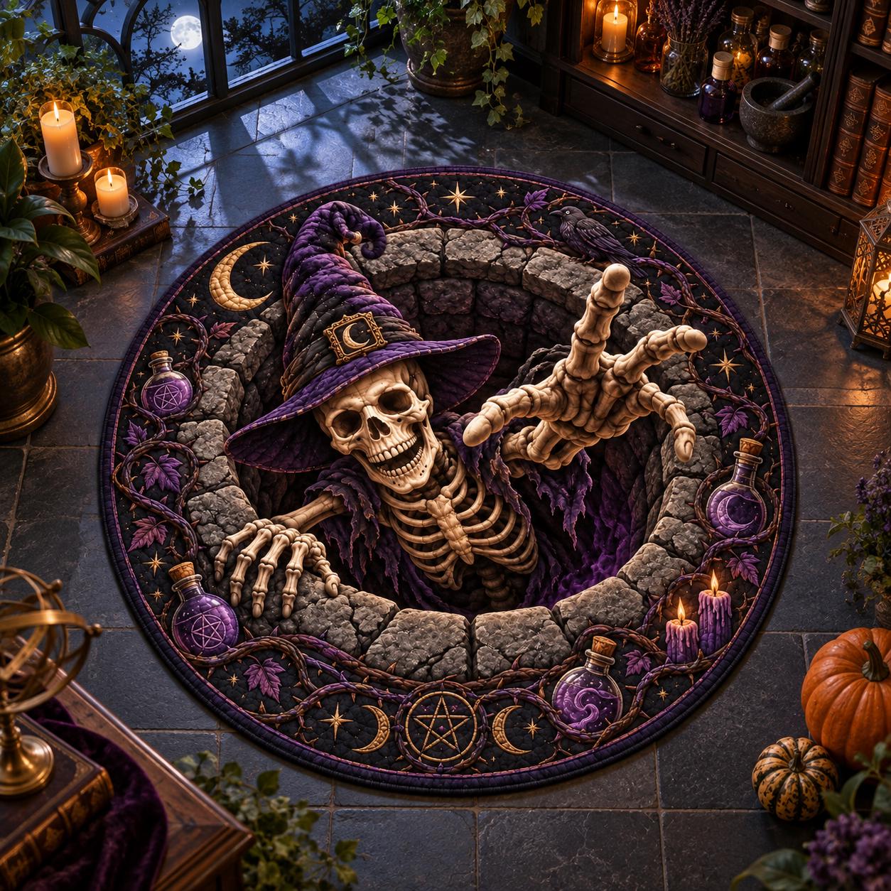 Skeleton Witch Halloween Round Rug with 3D Illusion Quilted Grave Portal Floor Mat and Gothic Home Decor - photo 1