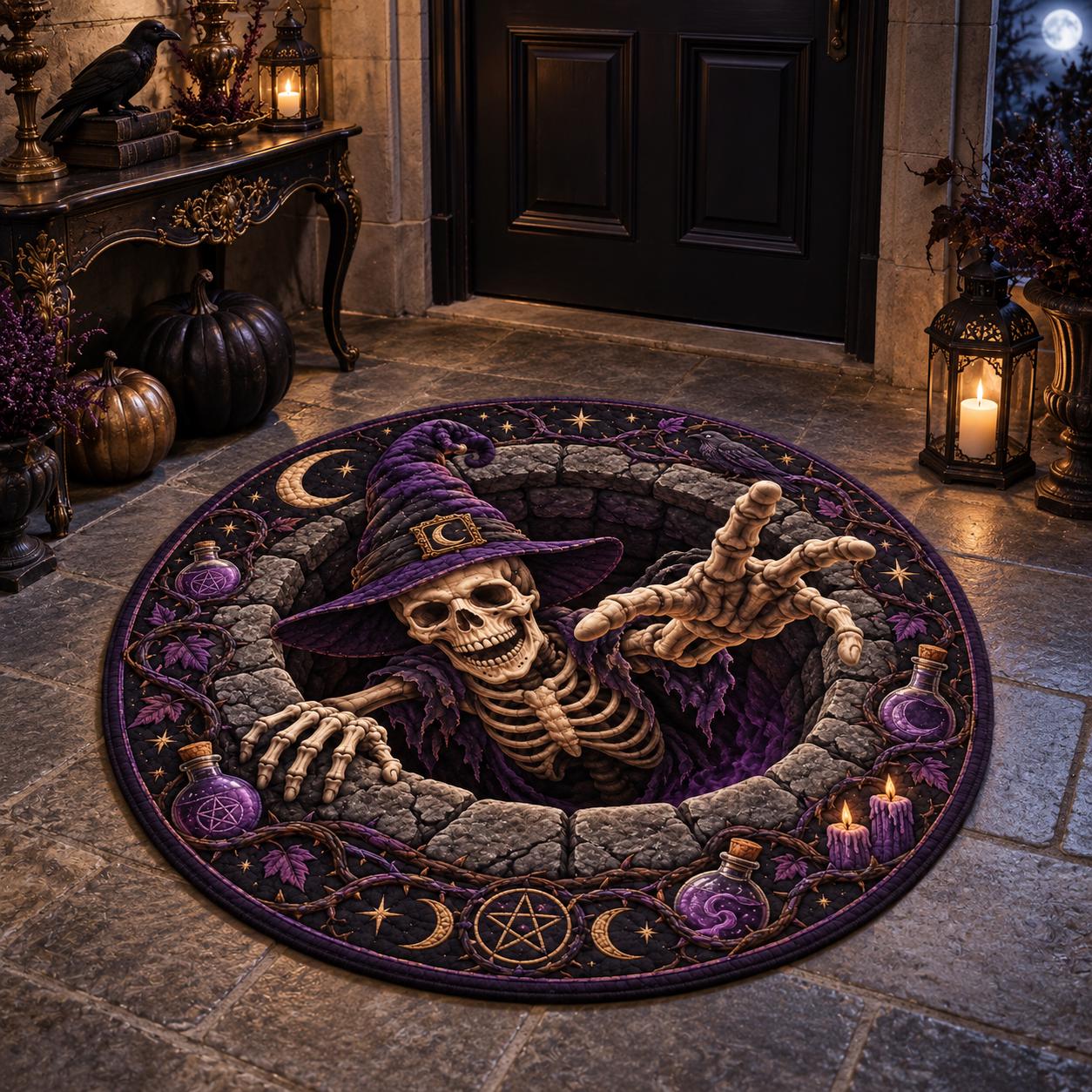 Skeleton Witch Halloween Round Rug with 3D Illusion Quilted Grave Portal Floor Mat and Gothic Home Decor - photo 2