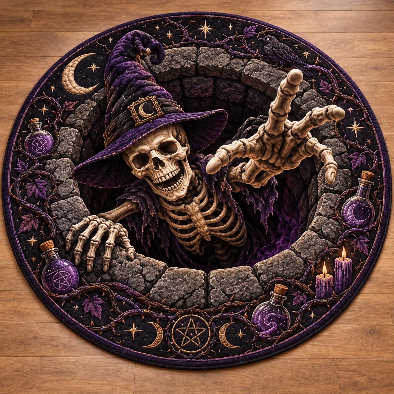 Skeleton Witch Halloween Round Rug with 3D Illusion Quilted Grave Portal Floor Mat and Gothic Home Decor - photo 4