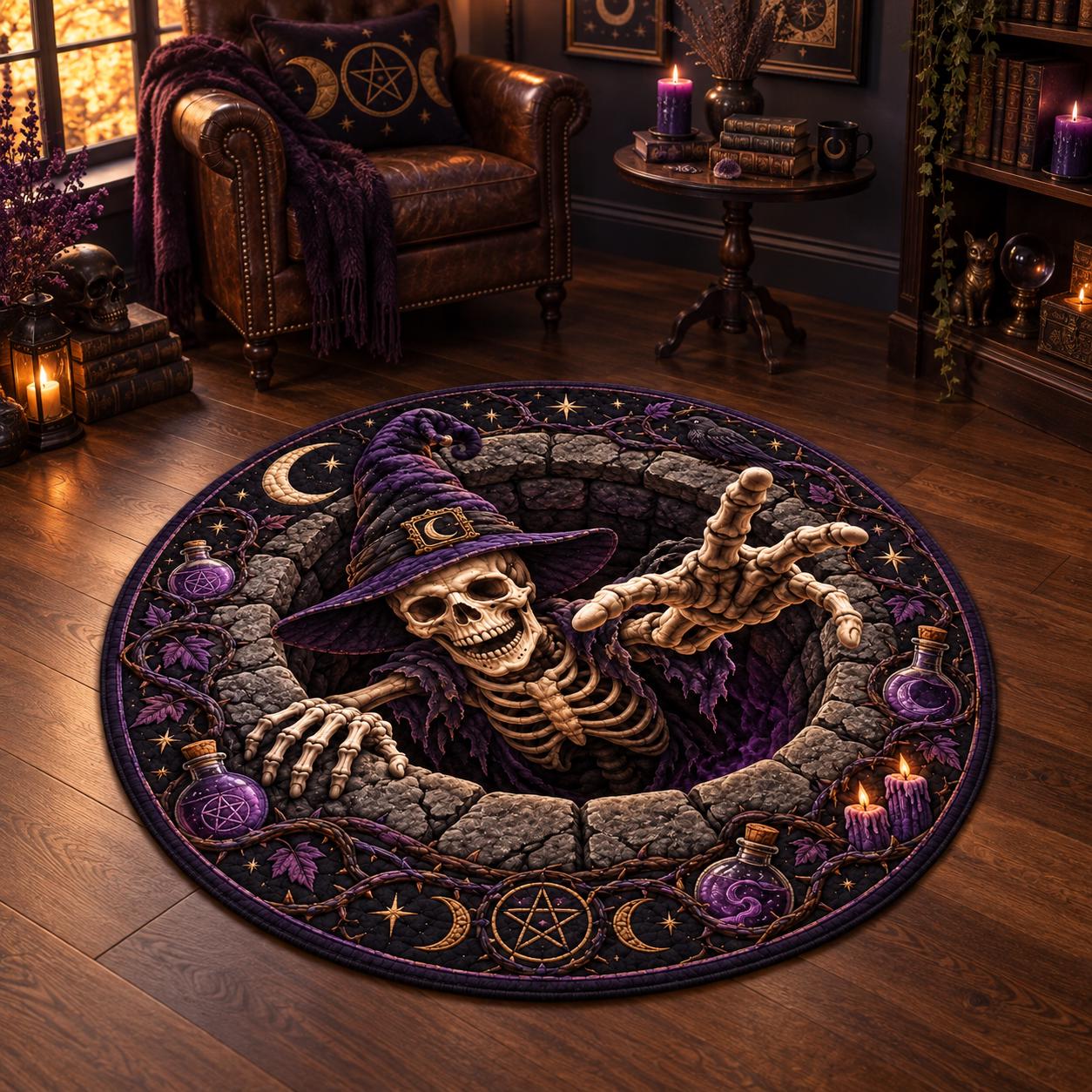 Skeleton Witch Halloween Round Rug with 3D Illusion Quilted Grave Portal Floor Mat and Gothic Home Decor - photo 5