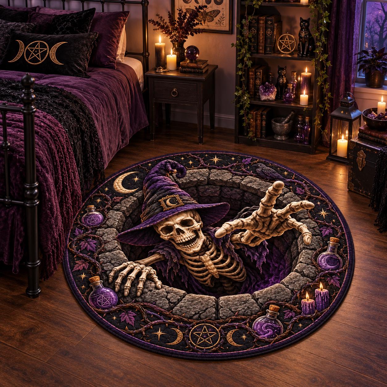 Skeleton Witch Halloween Round Rug with 3D Illusion Quilted Grave Portal Floor Mat and Gothic Home Decor - photo 6