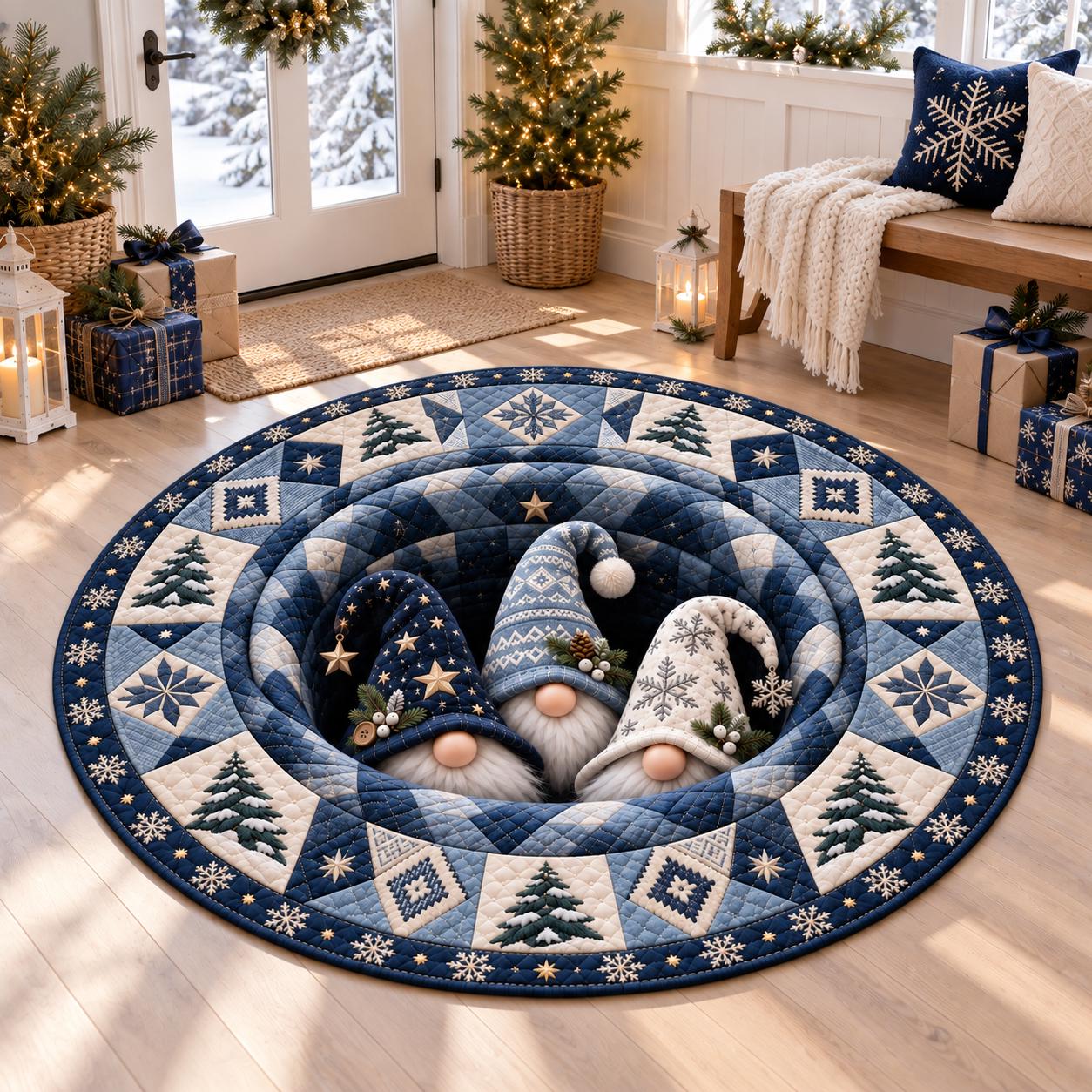 Christmas Gnomes Round Rug with 3D Illusion Quilted Winter Gnome Hole Floor Mat and Nordic Holiday Home Decor