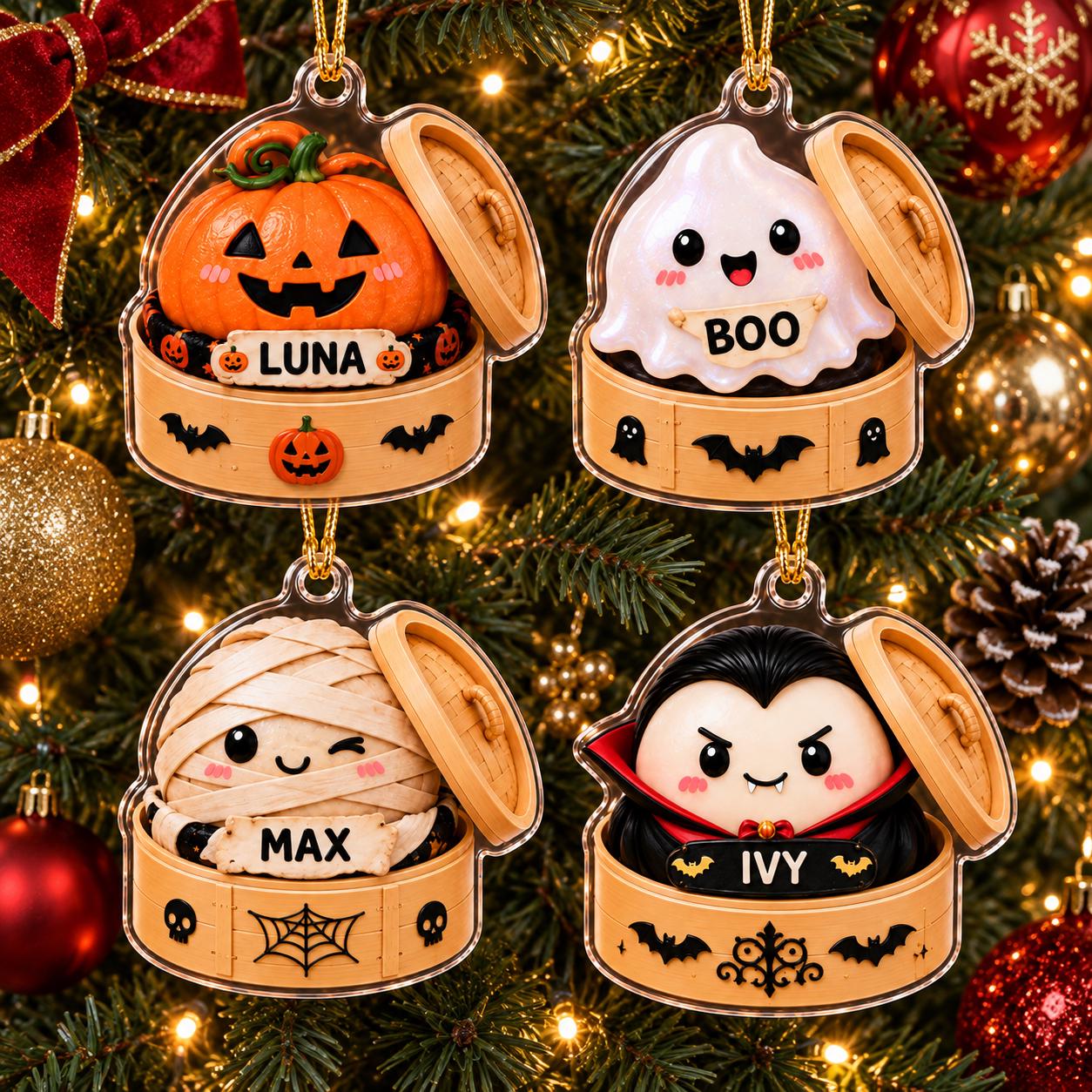 Ornament with Personalized Halloween Dumpling and Custom Name Bamboo Steamer for Cute Spooky Ghost Witch Pumpkin Acrylic Gift