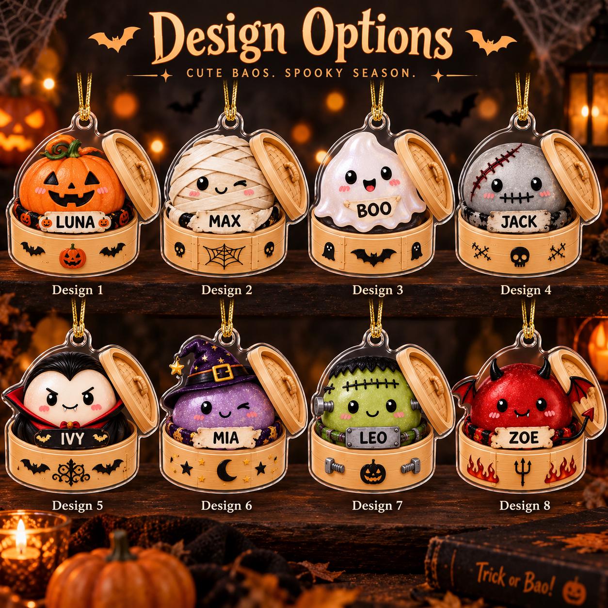 Ornament with Personalized Halloween Dumpling and Custom Name Bamboo Steamer for Cute Spooky Ghost Witch Pumpkin Acrylic Gift - photo 3