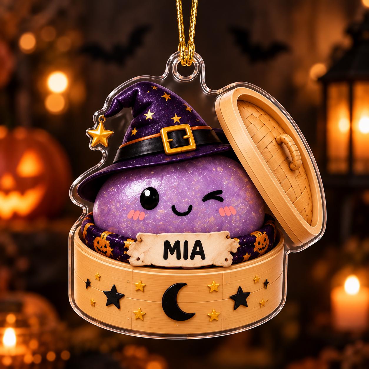 Ornament with Personalized Halloween Dumpling and Custom Name Bamboo Steamer for Cute Spooky Ghost Witch Pumpkin Acrylic Gift - photo 10