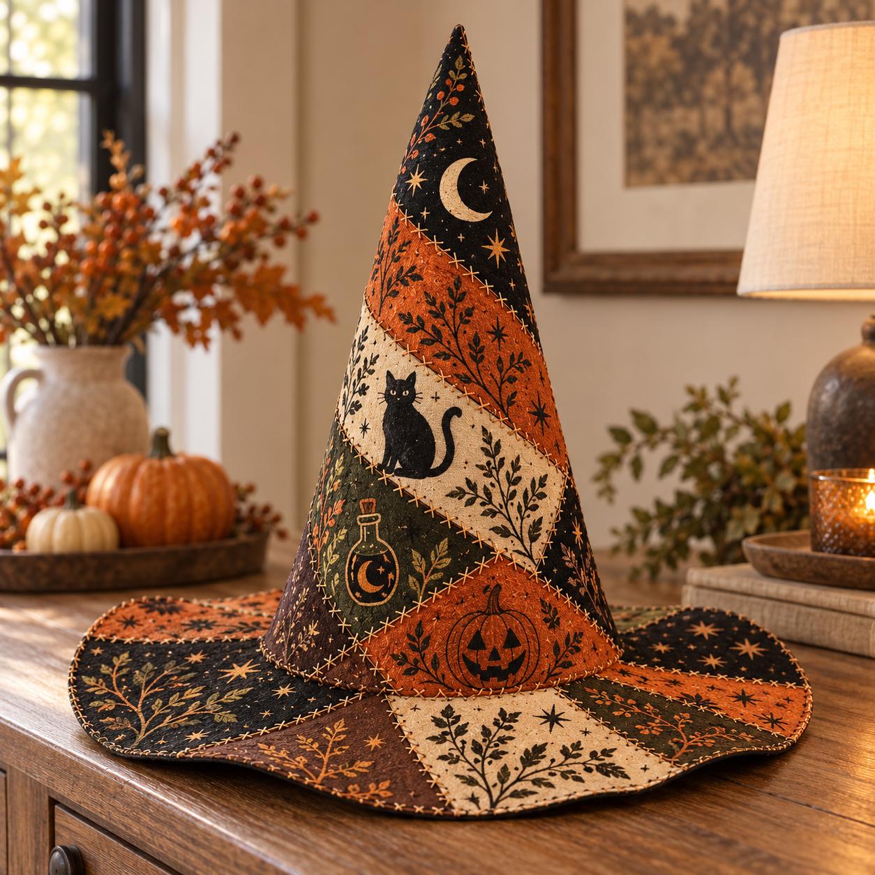 Hat with Witch and Quilted Style for Black Cat Halloween and Pumpkin Moon Spell Table Centerpiece with Spooky Fall Shelf Decor