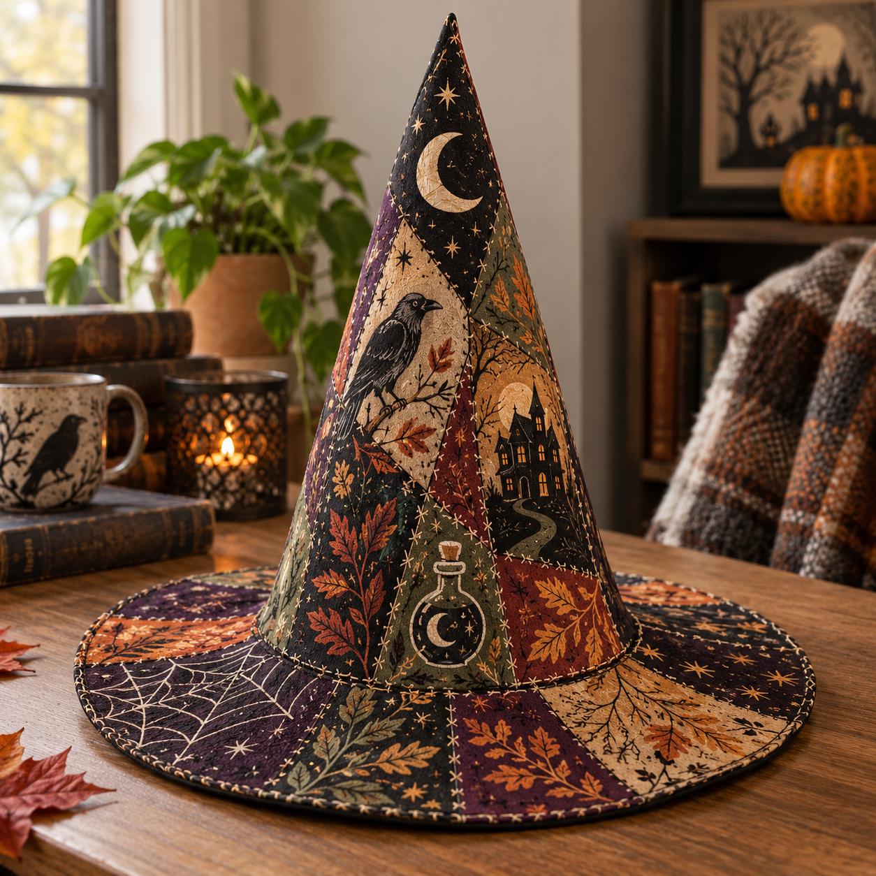 Hat with Witch and Quilted Style for Black Cat Halloween and Pumpkin Moon Spell Table Centerpiece with Spooky Fall Shelf Decor - photo 2