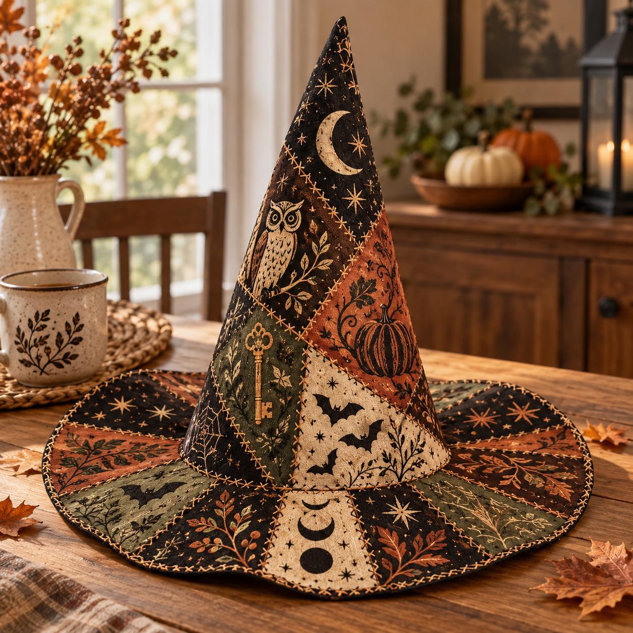 Hat with Witch and Quilted Style for Black Cat Halloween and Pumpkin Moon Spell Table Centerpiece with Spooky Fall Shelf Decor - photo 5