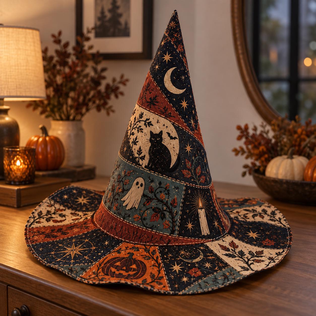 Hat with Witch and Quilted Style for Black Cat Halloween and Pumpkin Moon Spell Table Centerpiece with Spooky Fall Shelf Decor - photo 6