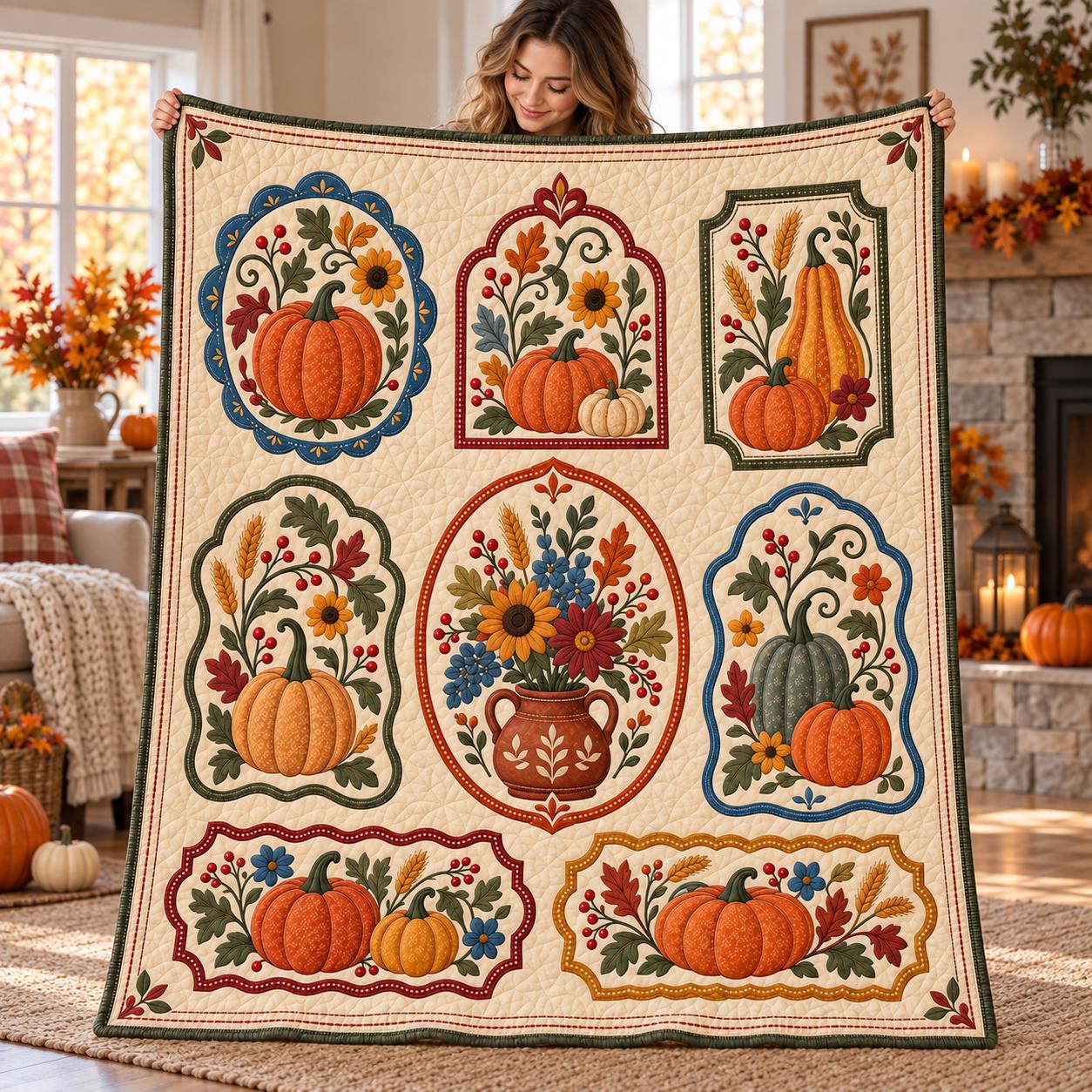Blanket with Pumpkin Autumn and Floral Harvest Fall for Vintage Farmhouse Home Decor with Quilt Style Thanksgiving Throw
