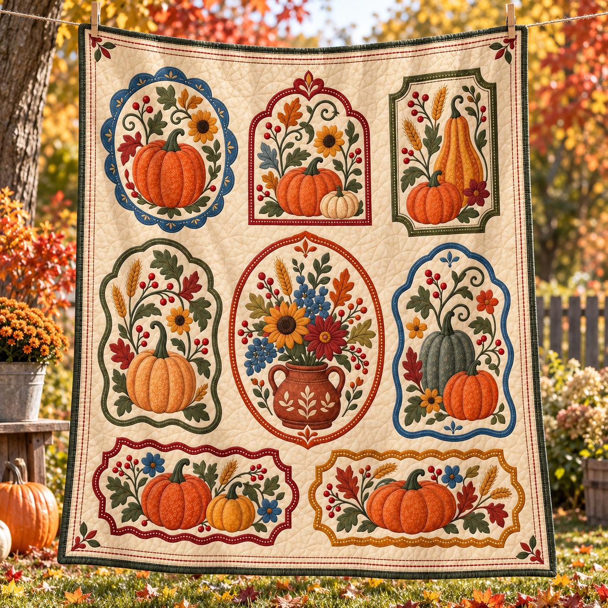 Blanket with Pumpkin Autumn and Floral Harvest Fall for Vintage Farmhouse Home Decor with Quilt Style Thanksgiving Throw - photo 2