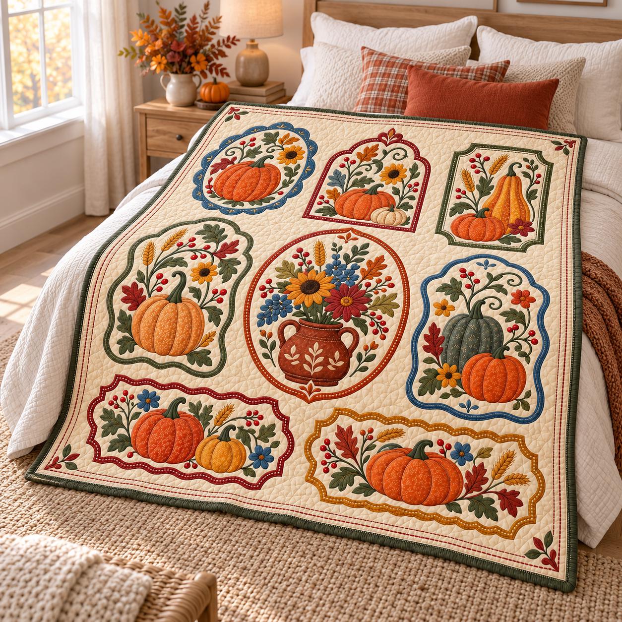 Blanket with Pumpkin Autumn and Floral Harvest Fall for Vintage Farmhouse Home Decor with Quilt Style Thanksgiving Throw - photo 3