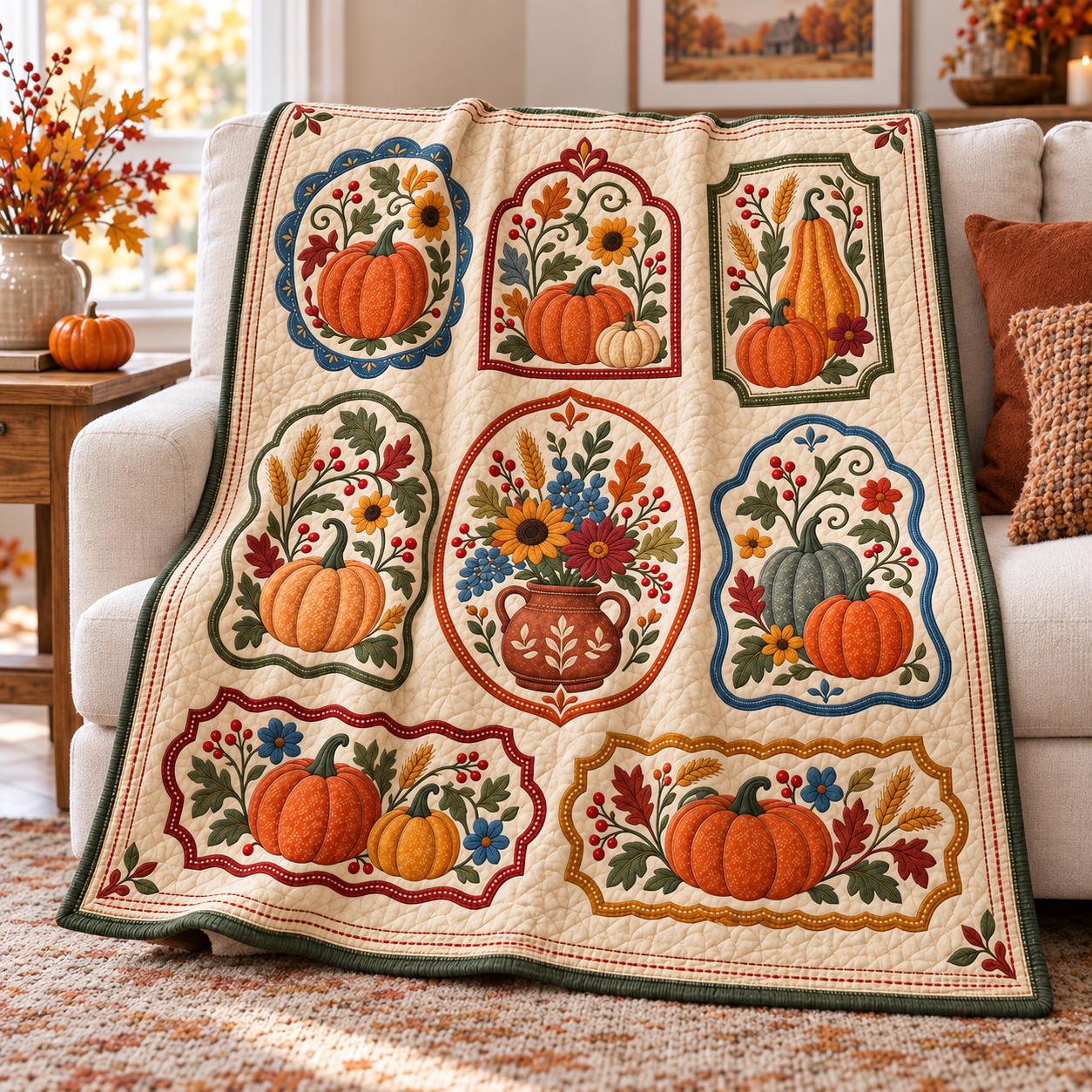 Blanket with Pumpkin Autumn and Floral Harvest Fall for Vintage Farmhouse Home Decor with Quilt Style Thanksgiving Throw - photo 6